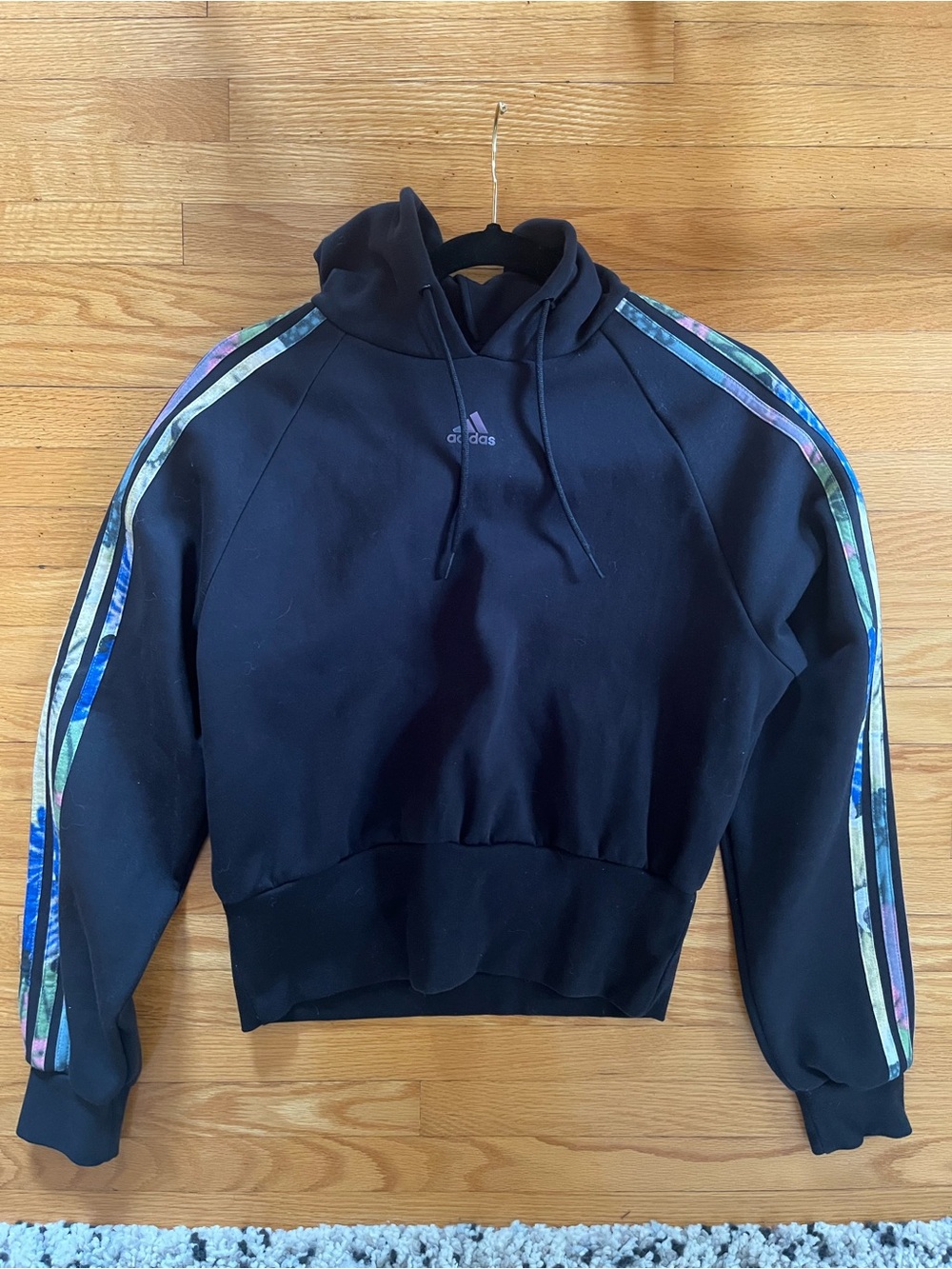 Adidas Black Crop XS Hoodie with Multicolor Stripe Detail